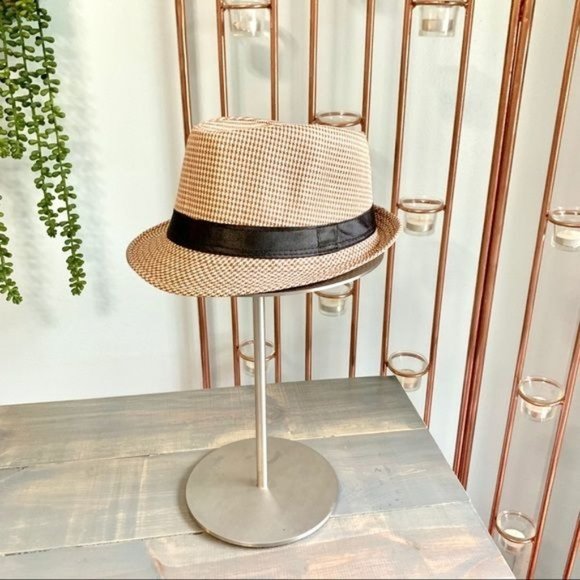 Accessories - Houndstooth Fedora Hat Dark Red Cream Black